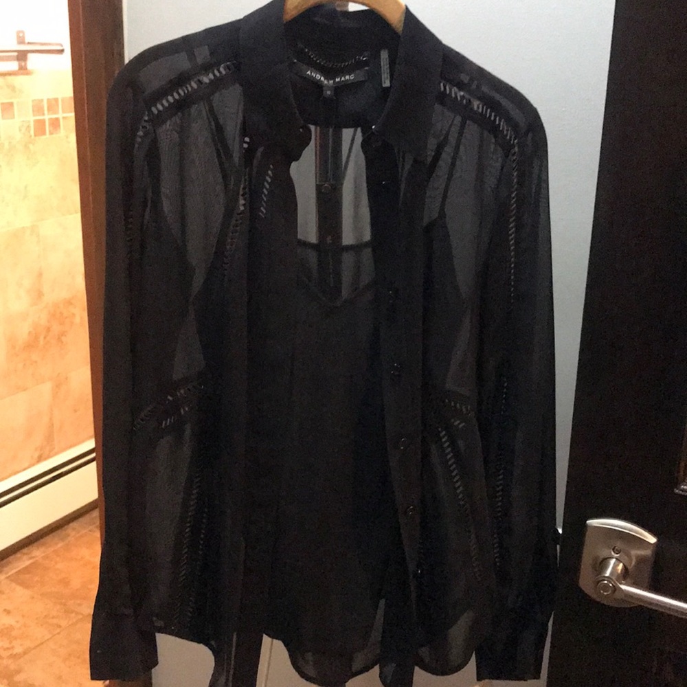 Andrew Marc Black Label Blouse w/Leather Trim